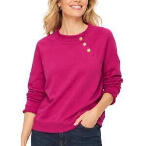 Talbots Fuchsia Cotton Sweatshirt XL Ruffle Trim Gold Button Pullover Preppy